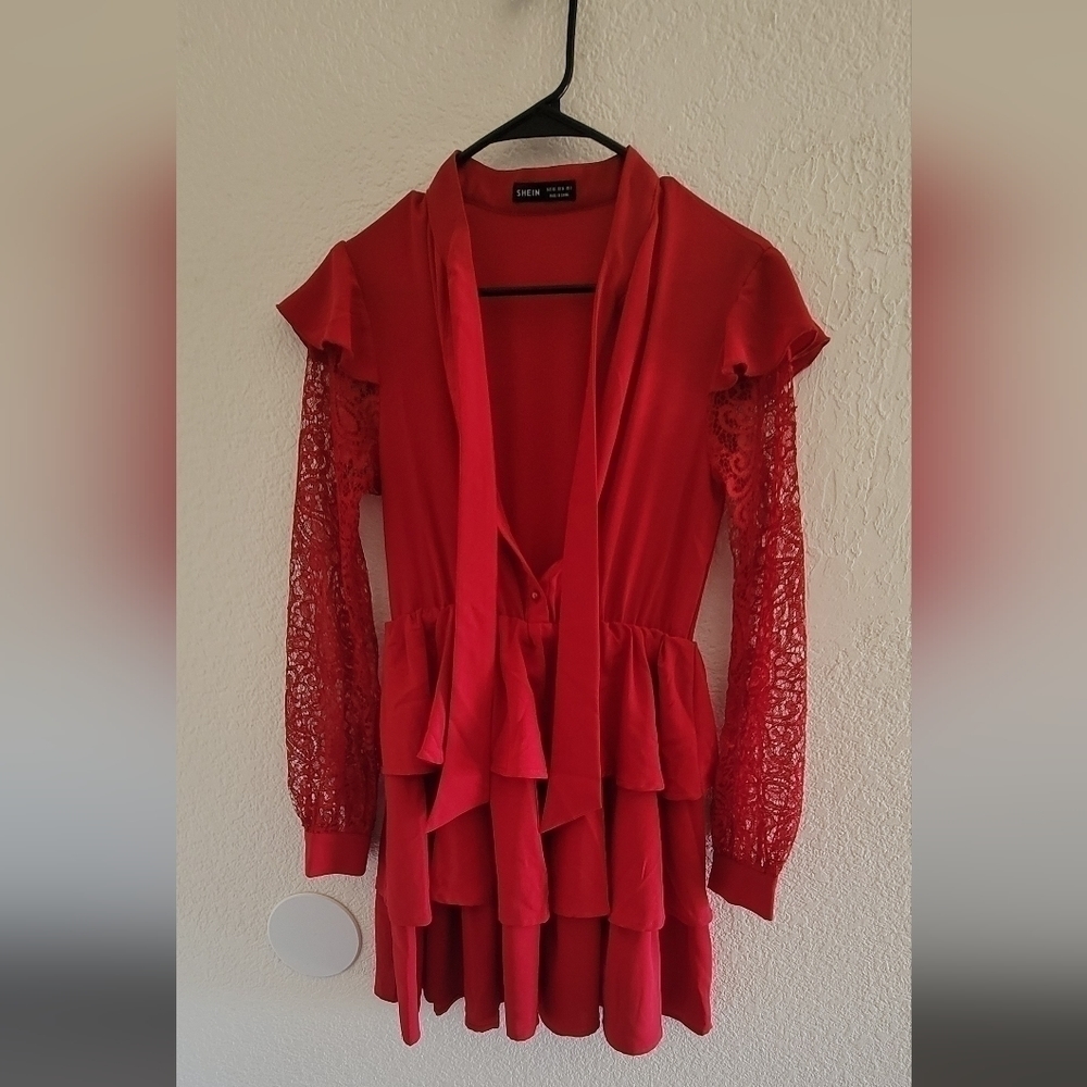 𝅺TIE Neck Lace Sleeves Layered Ham Dress-XS- Shein